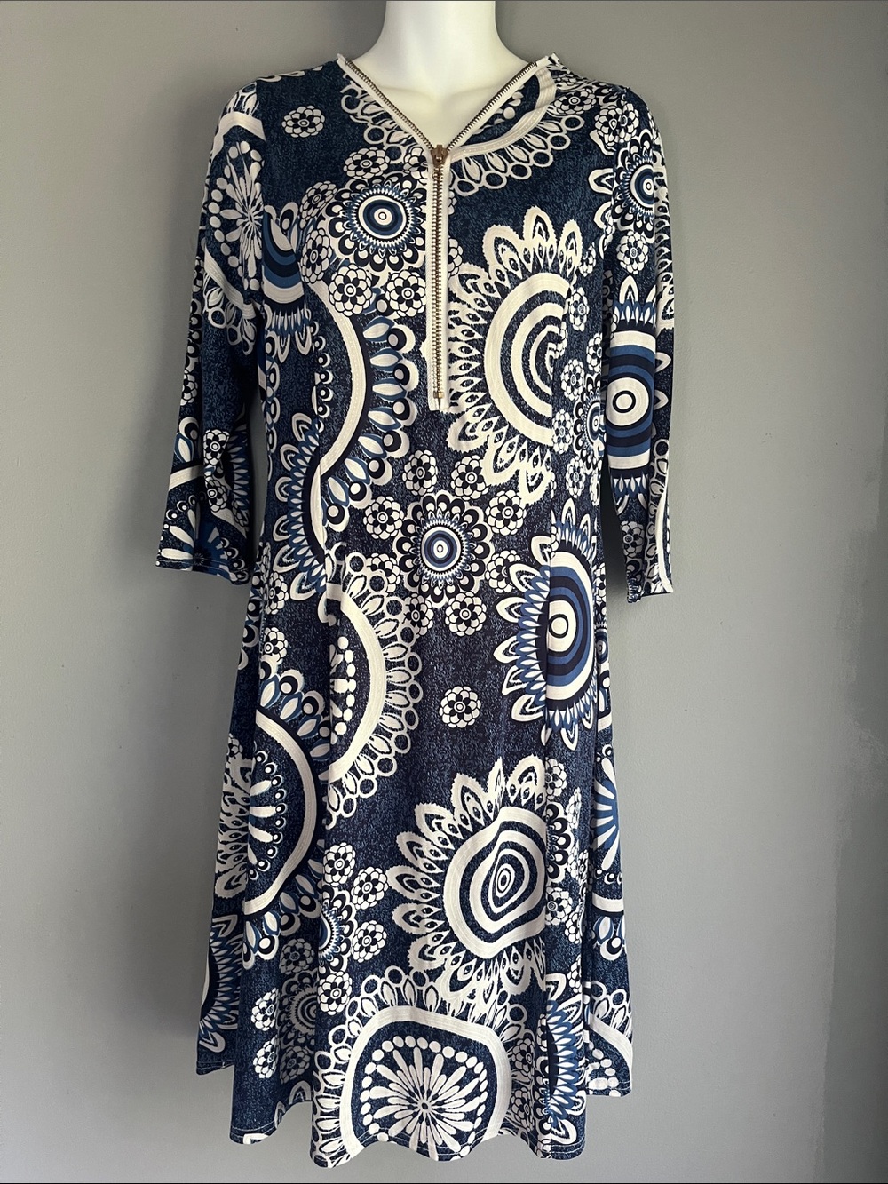 Papillon Navy and White Zip-Front Printed Midi Dress with Circular Motif